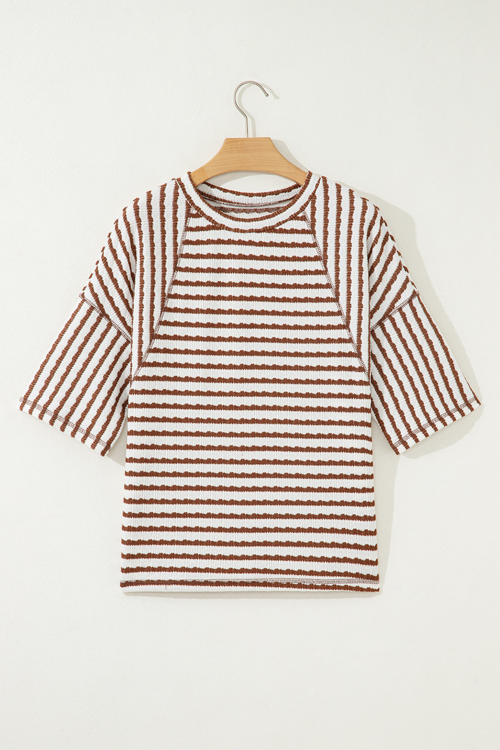 Sky Blue Stripe Textured Knit Split Hem Half Sleeve Loose Top