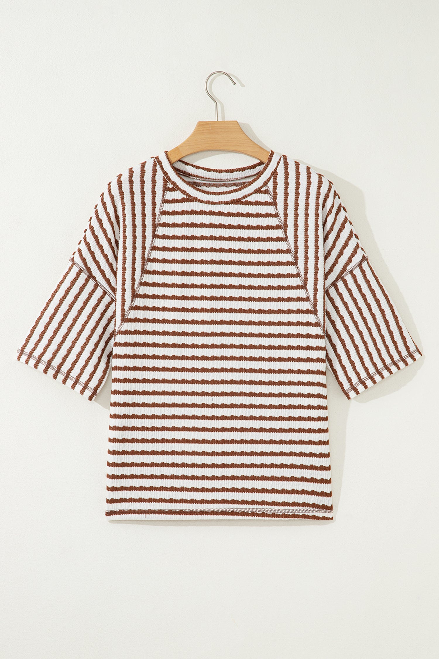 Sky Blue Stripe Textured Knit Split Hem Half Sleeve Loose Top