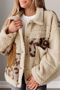 Comfortable Leopard Print Sherpa Jacket with Collared Neck And Functional Pockets Soft Women Jacket