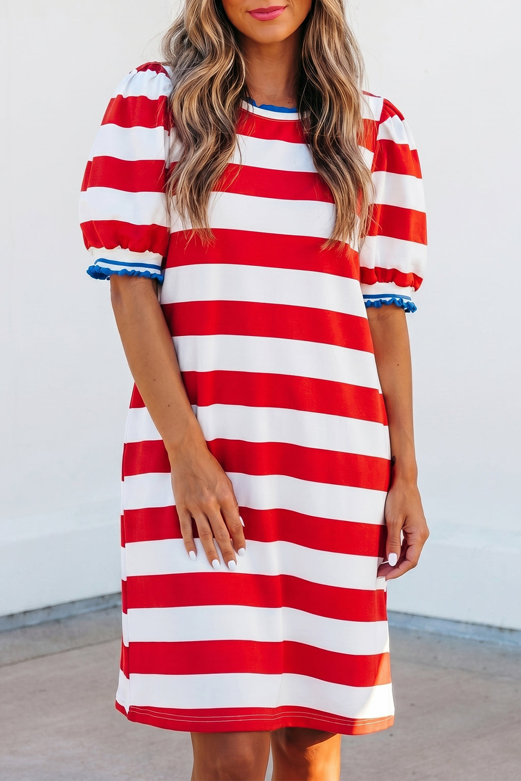 Blue Stripe Contrast Trim Round Neck Short Puff Sleeve Shift Mini Dress Shewin
