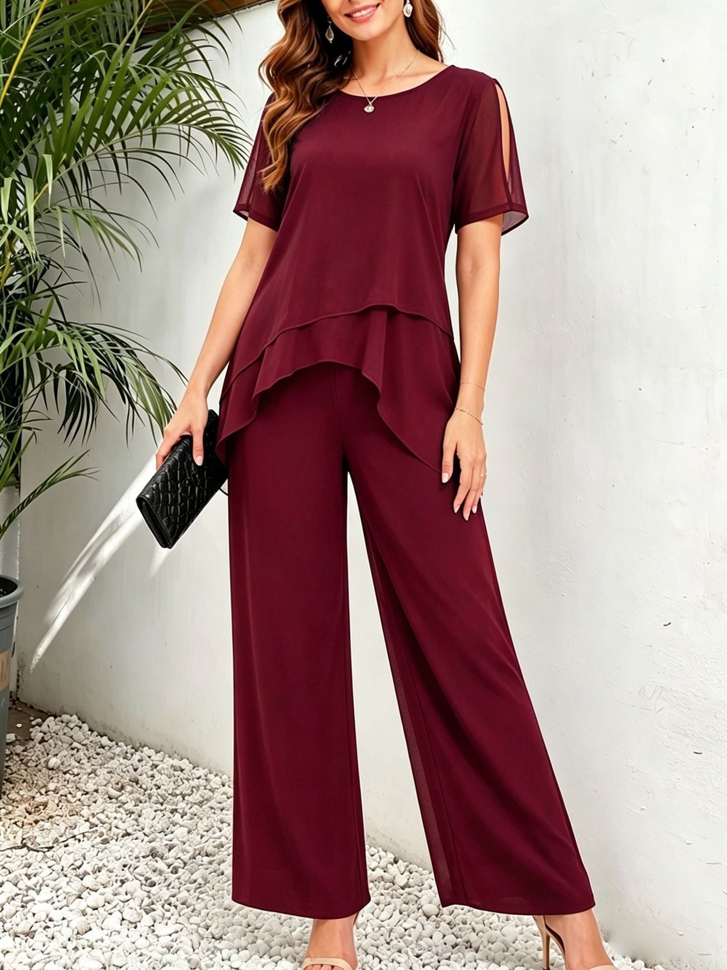 Women's Irregular Hem Top & Wide Leg Pants Two-Piece Set FitiqueFit