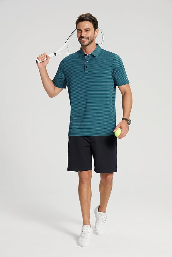 Golf Shirts for Men - Moisture Wicking Short Sleeve Performance Sport Casual Striped Collared Mens Polo Shirt IronWave Fitness