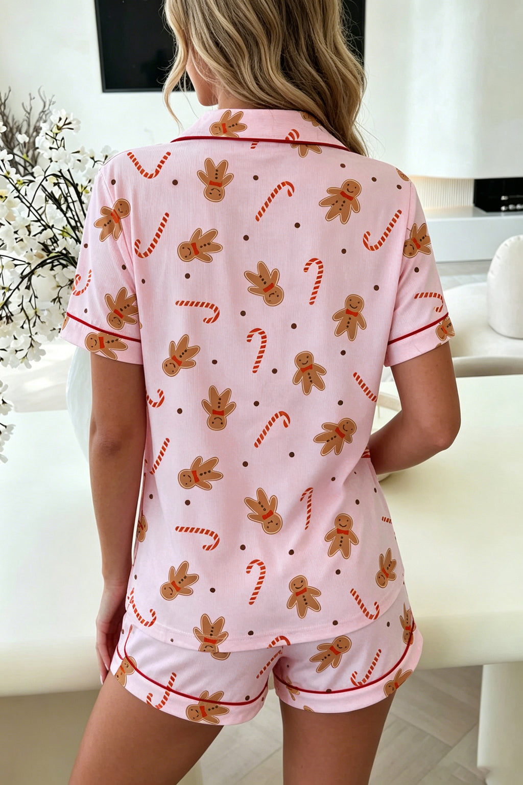 Pink Short Sleeve Placket Shell Button Elastic Waist Lounge Set