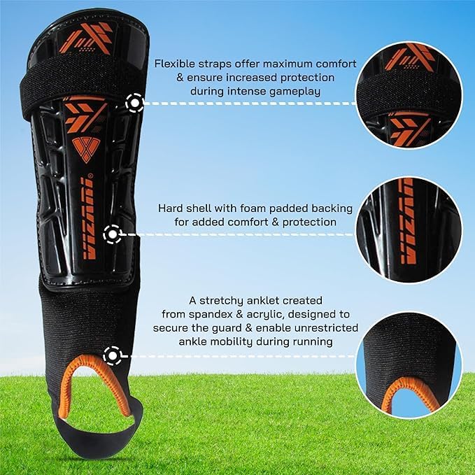 Vizari Malaga Soccer Shin Guards – Lightweight Ankle Protection, Black/Neon Orange Vizari Sports