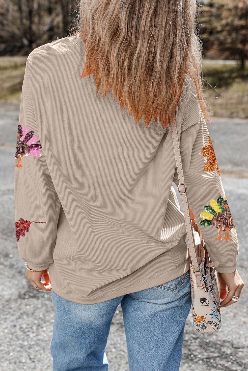 Smoke Gray Ribbed Fall Leaf Turkey Graphic Sequins Patch Baggy Sweatshirt