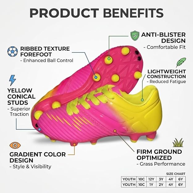 Vizari Liga Kids Firm Ground (FG) Soccer Cleats -Pink/Yellow, Youth Sizes 8C-Y Under $30 Vizari Sports