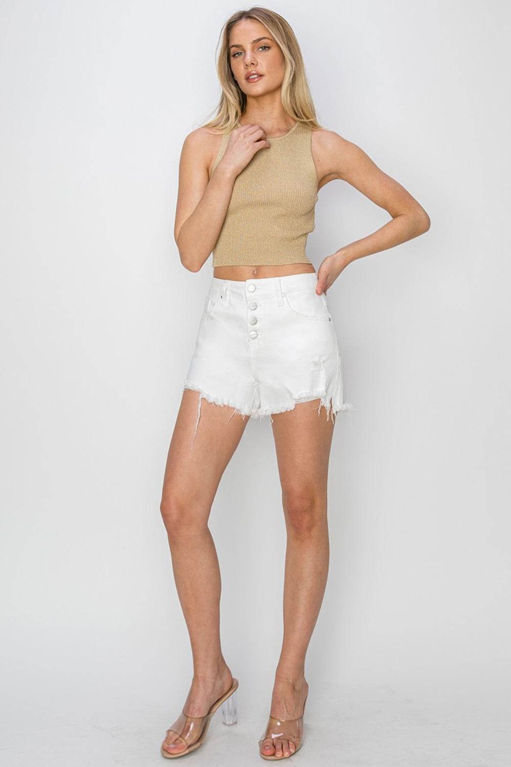 RISEN Button Fly Frayed Hem Denim Women Shorts
