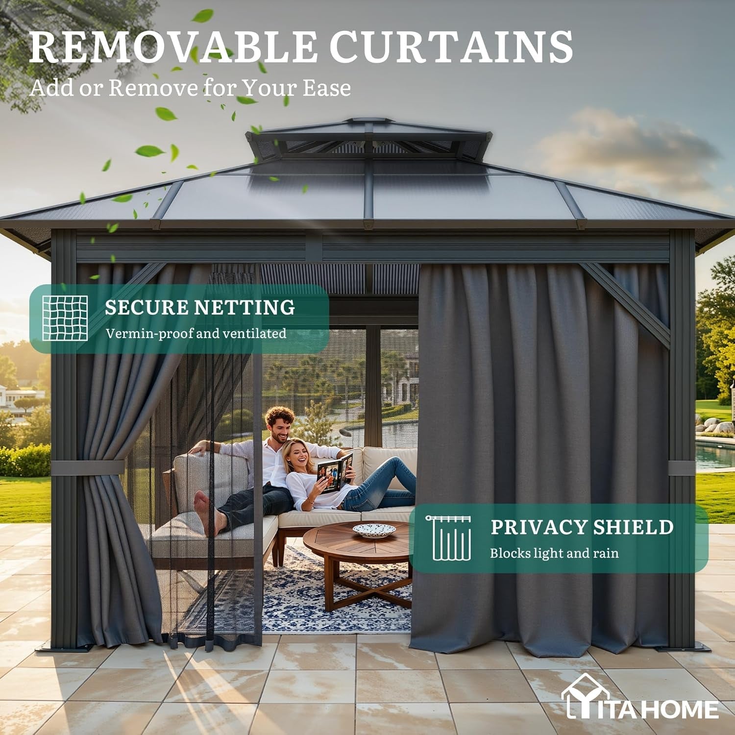 10x10Ft Gazebo With Polycarbonate Roof Netting And Curtains