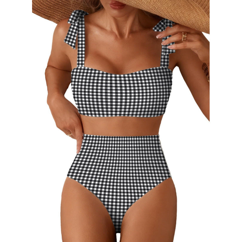 Tie-Shoulder Striped High-Waisted Bikini Set – Two-Piece Swimsuit for Women FitiqueFit