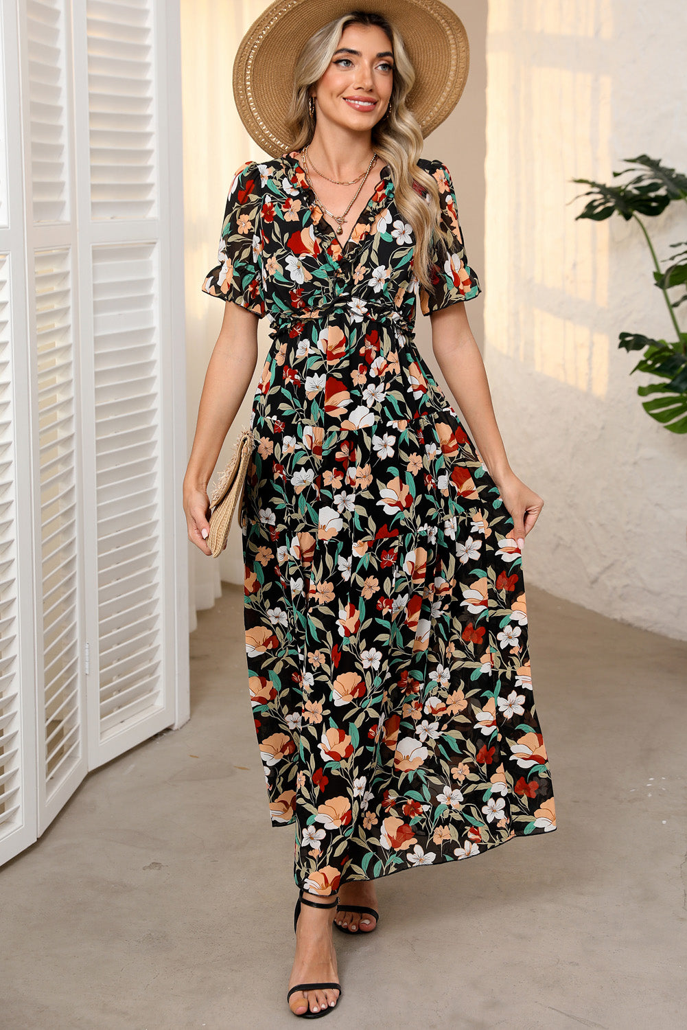 Sky Blue Fiery Floral Print Frilled V Neck Short Sleeve Maxi Dress