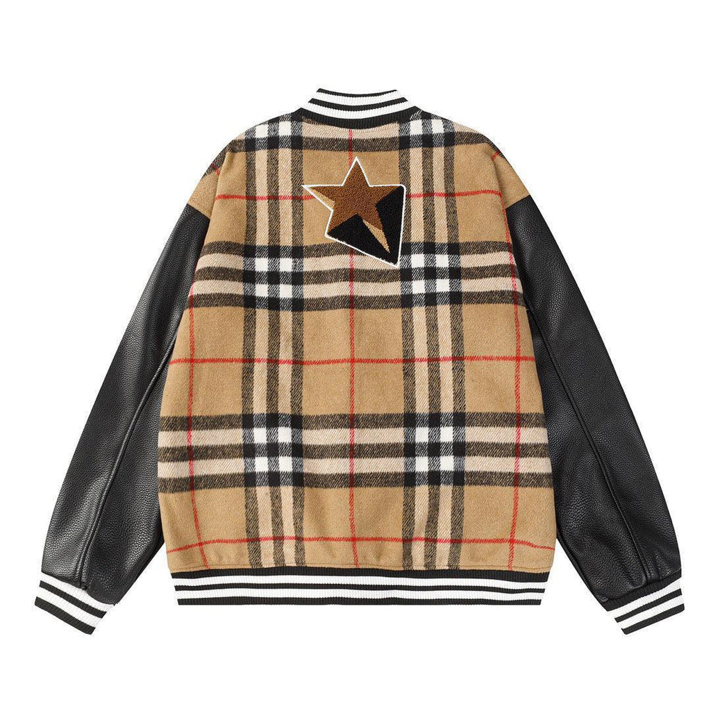 BURBERRY Brown Checked Wool-Blend and Full-Grain Leather Varsity Jacket Banlieue91