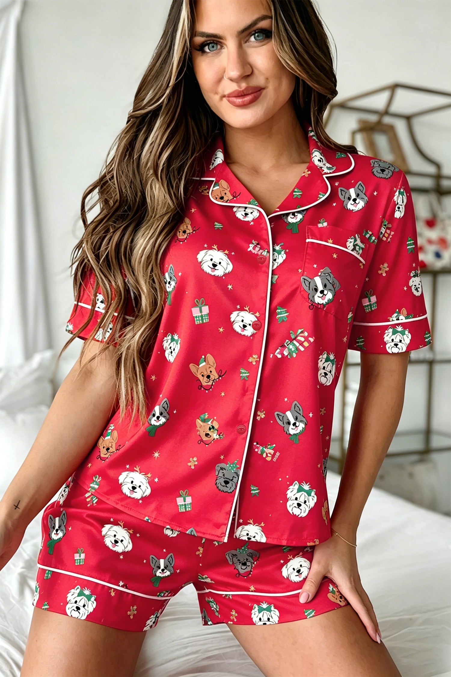 Racing Red Festive Dog Print Short Sleeve Two Piece Lounge Set