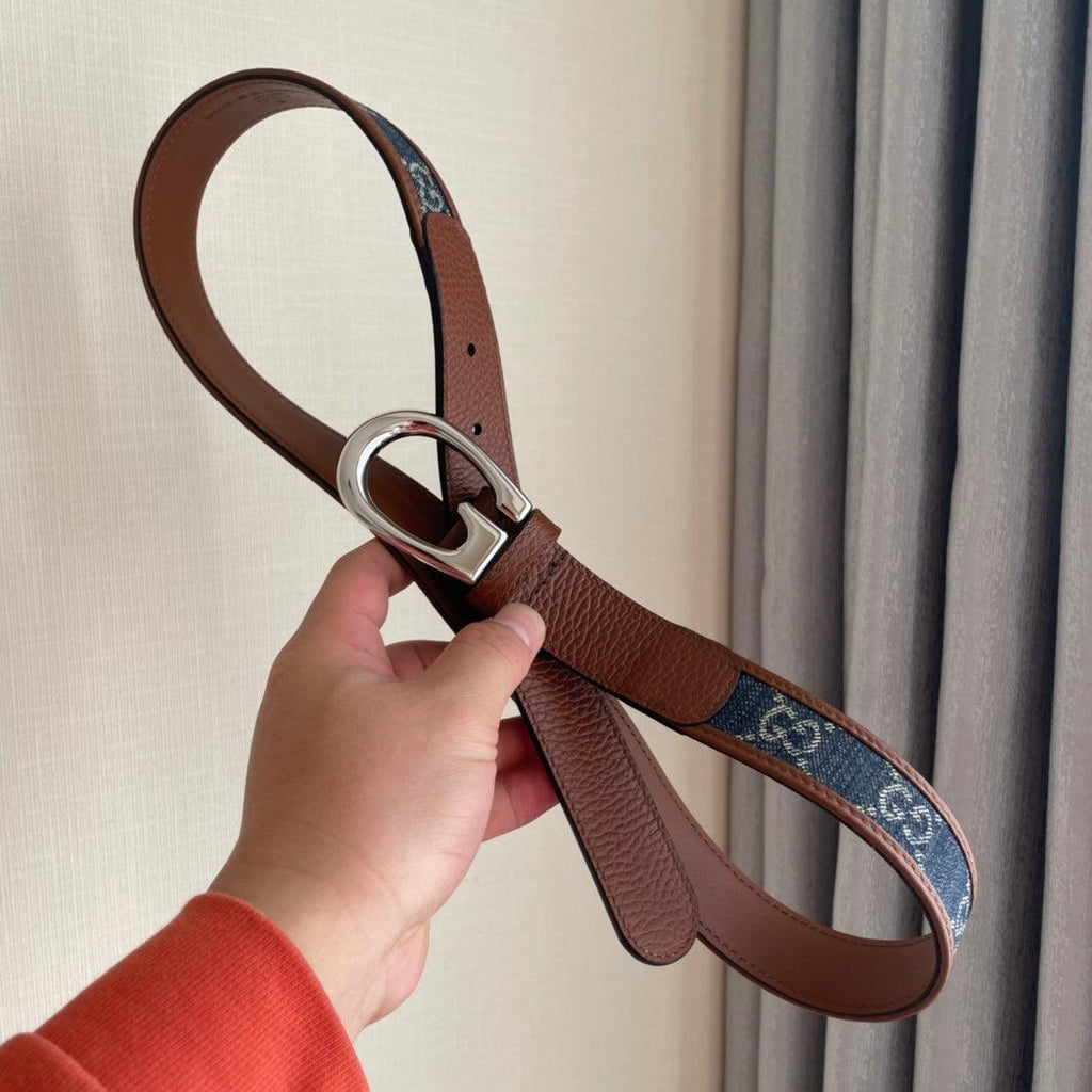 GUCCI Embellished coated-canvas and leather belt 'Brown/Blue' Banlieue91