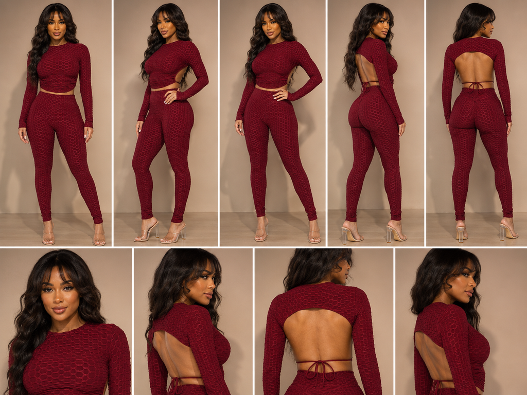 Honeycomb Open Back Leggings Set – Textured 2 Piece Outfit Rose In Concrete 🥀