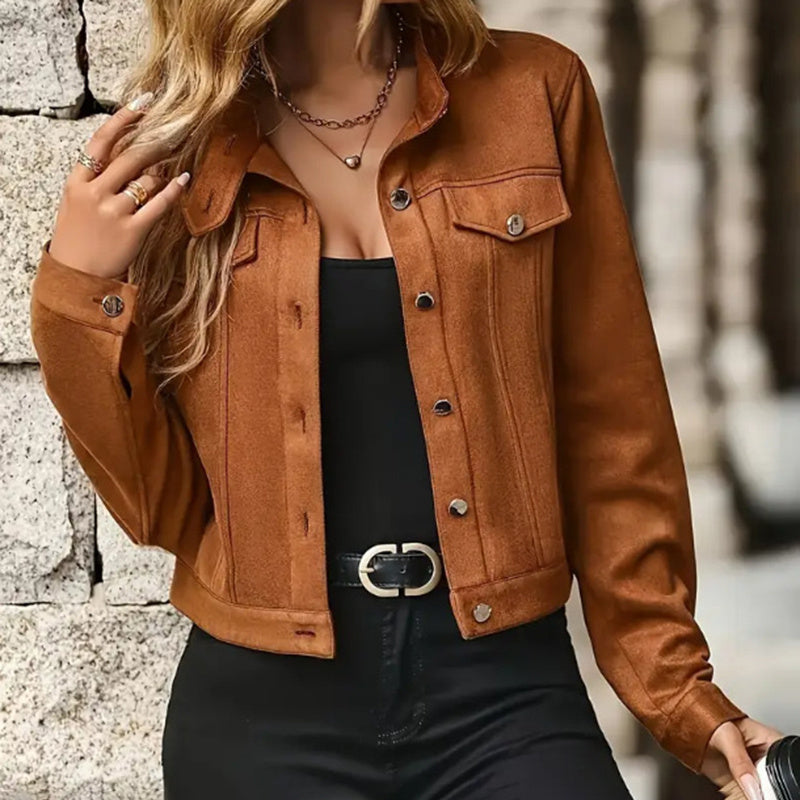 Faux Suede Cropped Jacket with Stand Collar — Vintage Short Coat / Fall Outwear FitiqueFit