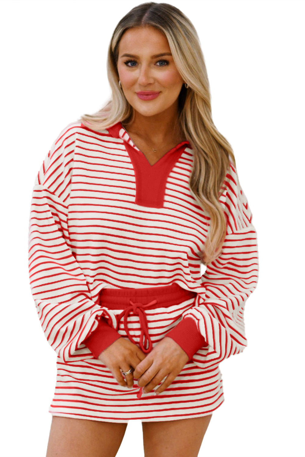 Green Striped Collared V Neck Drop Shoulder Pullover and Skirt Set