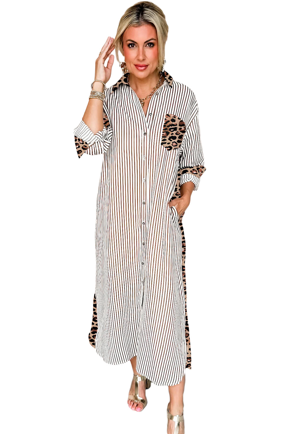 Sky Blue Stripe Contrast Leopard Patchwork Long Shirt Dress with Slits