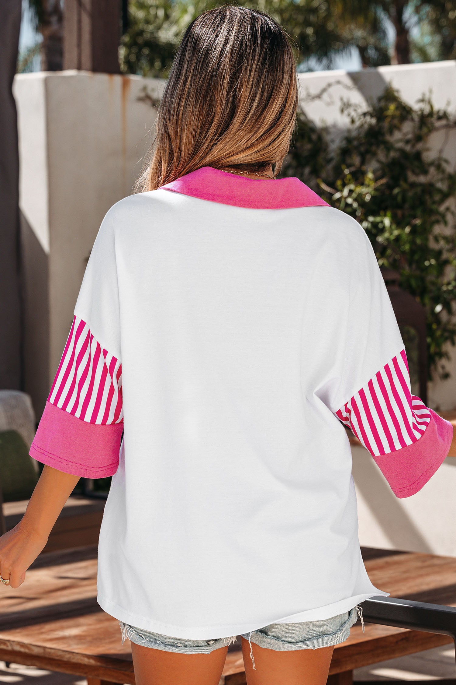 White Sequin Lobster Pattern Striped Trim V Neck Half Sleeve Polo T-Shirt