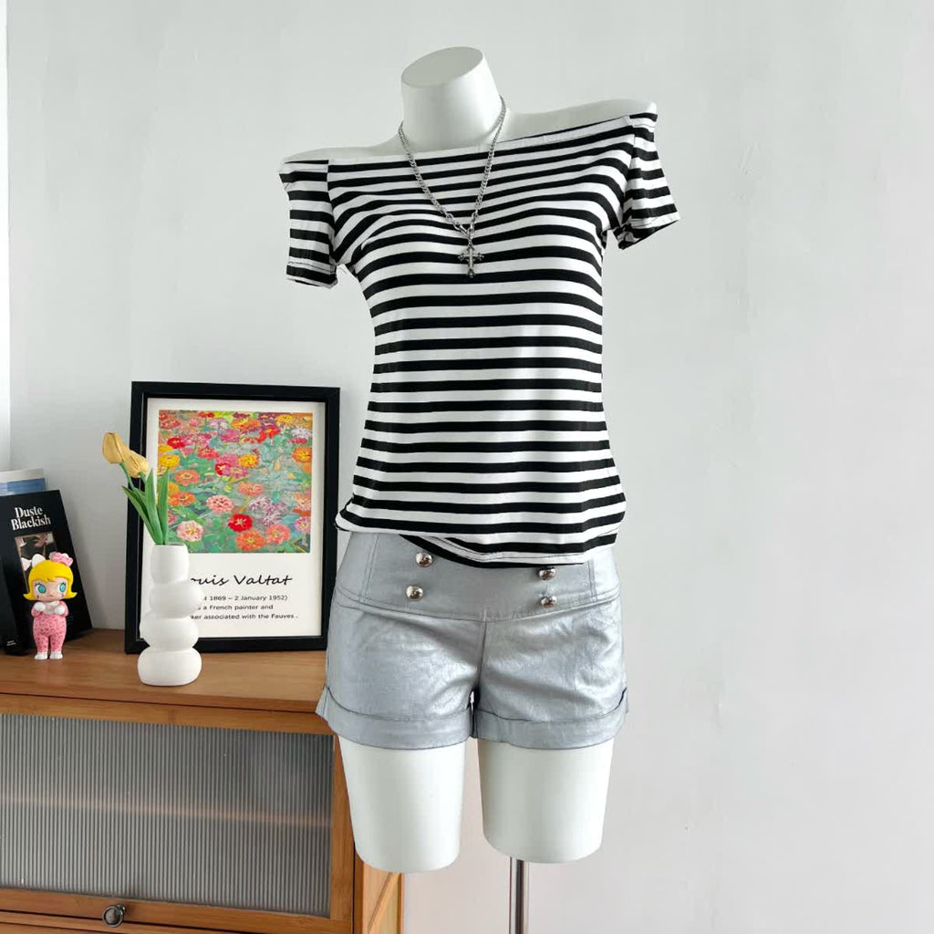 Ladies' Off Shoulder Striped Top Casual One Shoulder Shirt FitiqueFit
