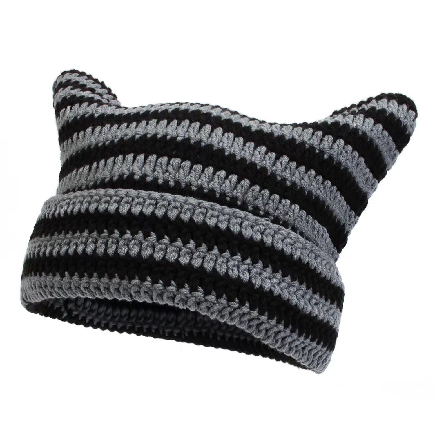 Women’s Hand Knitted Striped Cat Hat – Cute Warm Winter Beanie FitiqueFit