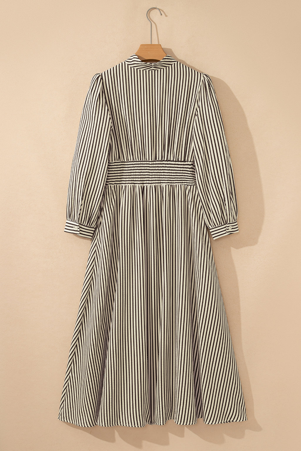 Green Striped V Neck Zip Front Cinched High Waist Midi Dress