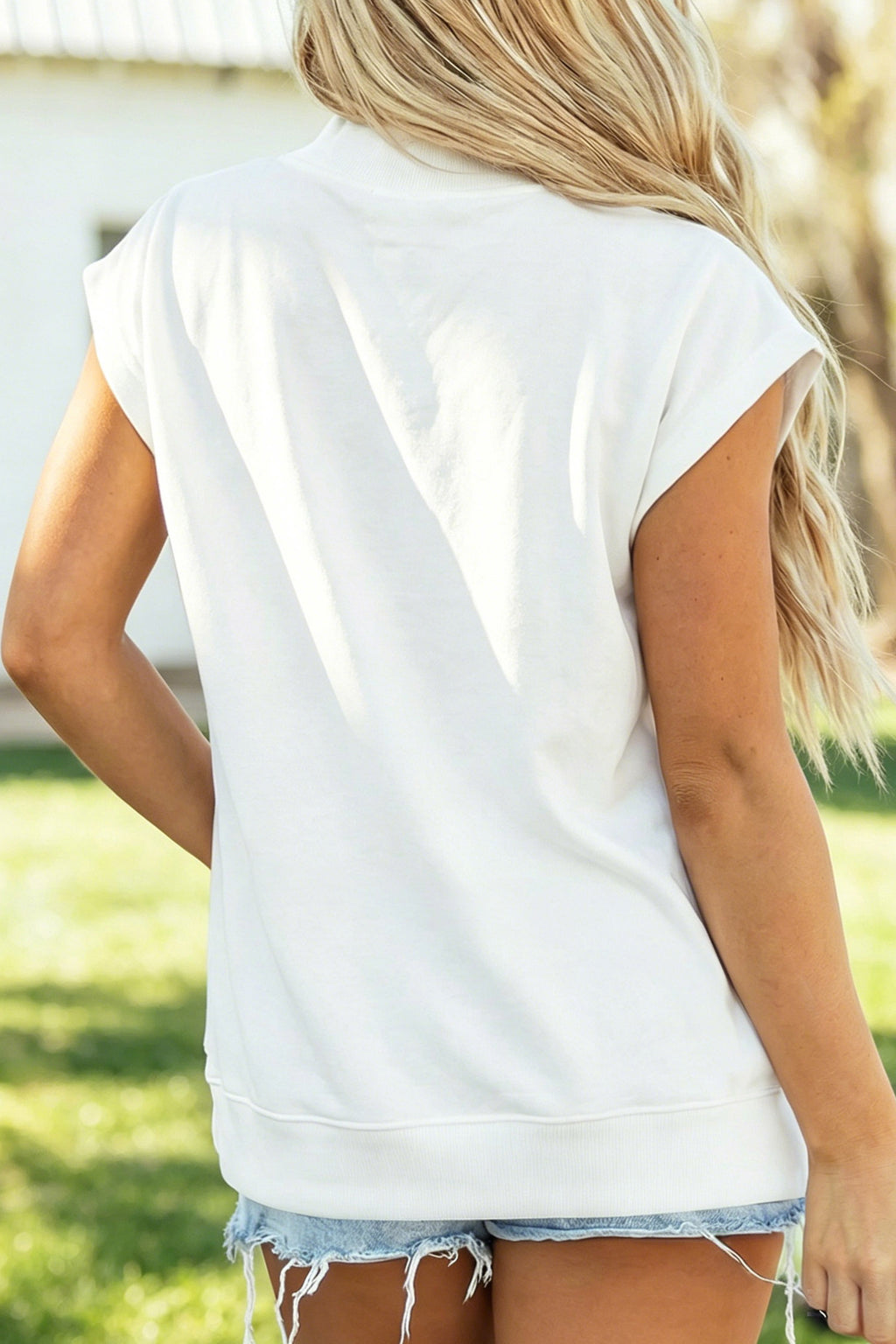 White Patchwork Rugby Print High Neck Cap Sleeve Game Day Top