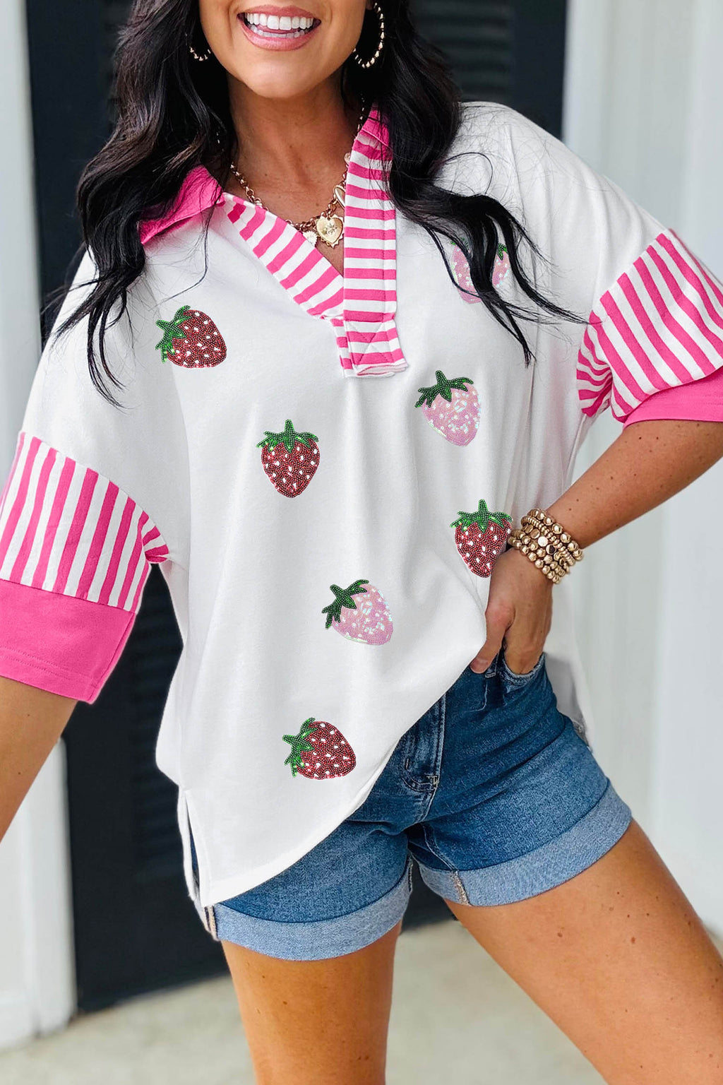 White Sequin Strawberry Print V Neck Striped Sleeve Casual Summer Tee