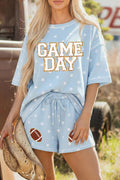Sky Blue Polka Dot GAME DAY Letter Graphic Oversized Tee Drawstring Short Set