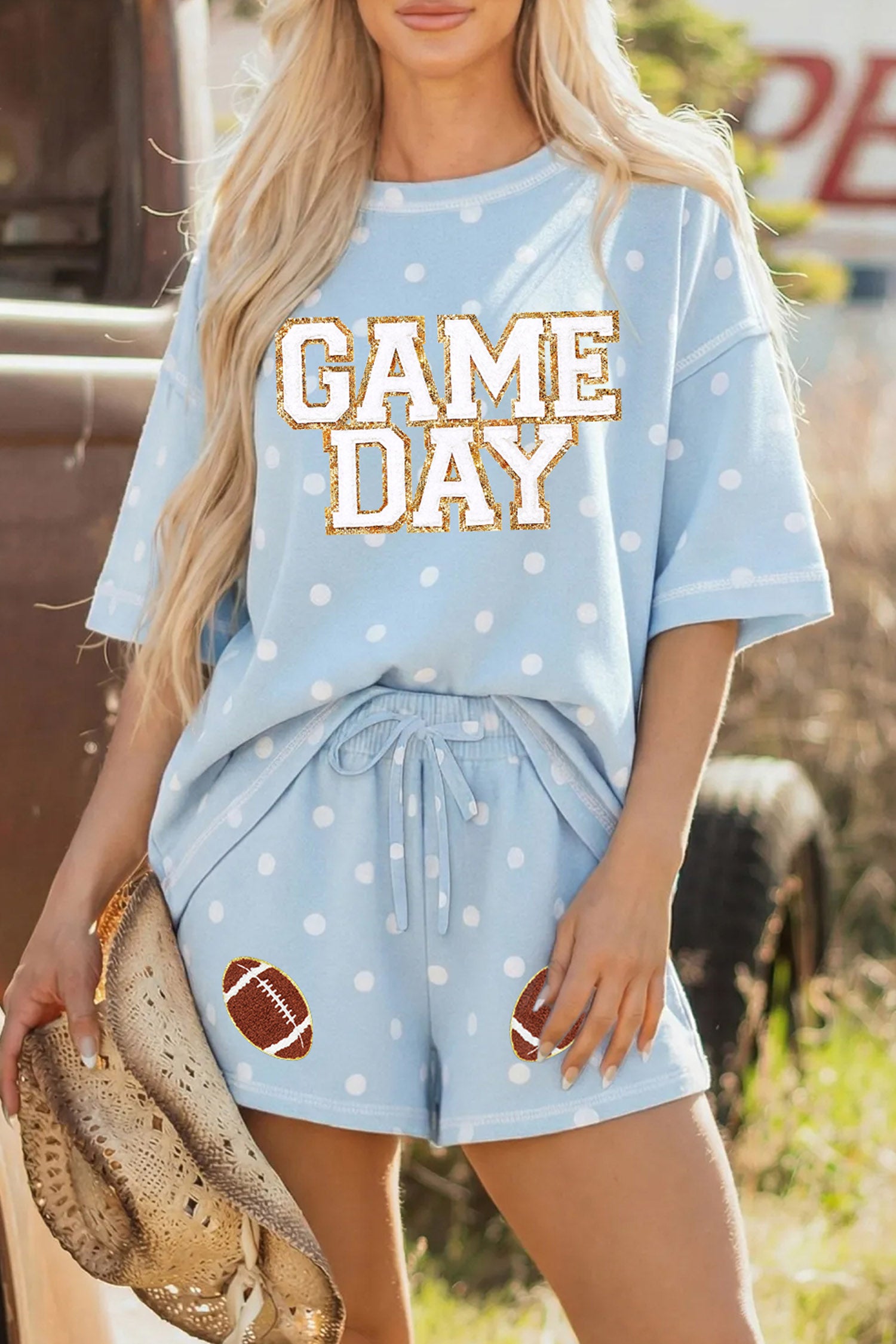Sky Blue Polka Dot GAME DAY Letter Graphic Oversized Tee Drawstring Short Set