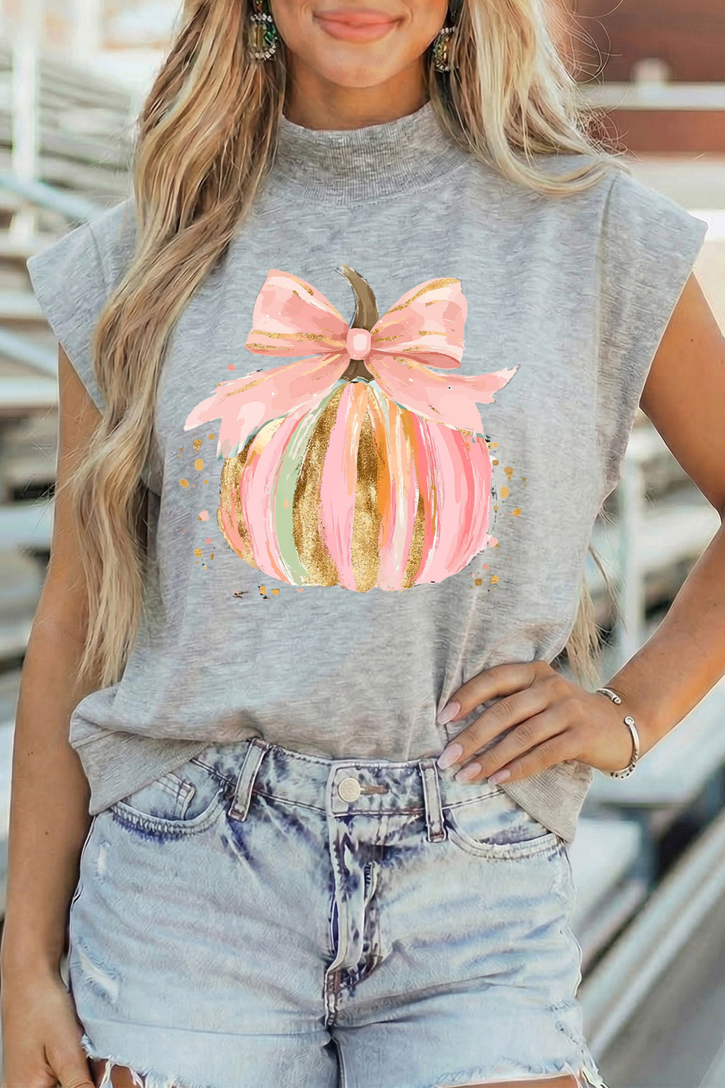 Light Grey Unique Pumpkin Bow Graphic High Neck Cap Sleeve Top