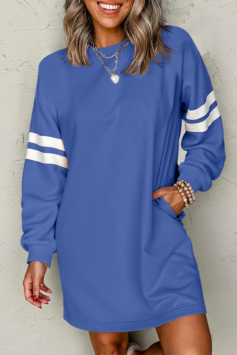 Tillandsia Purple Preppy Striped Sleeve Loose Mini Dress Shewin