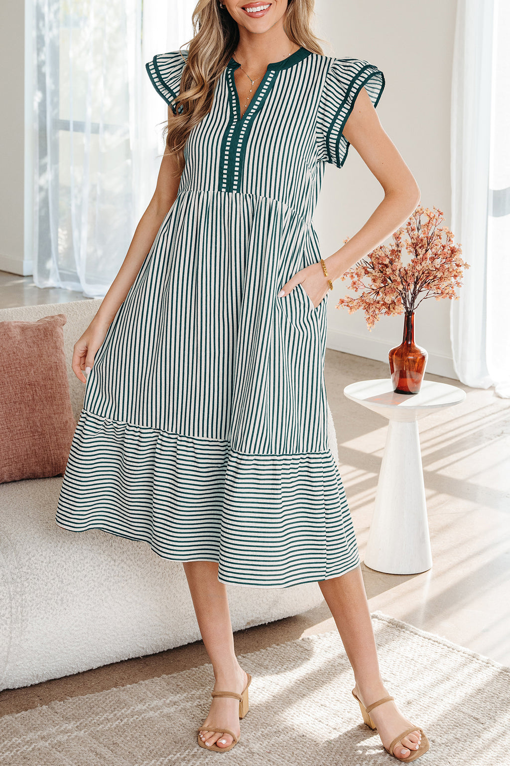 Brown Stripe Double Ruffled Short Sleeve Contrast Trim V Neck Midi Dress