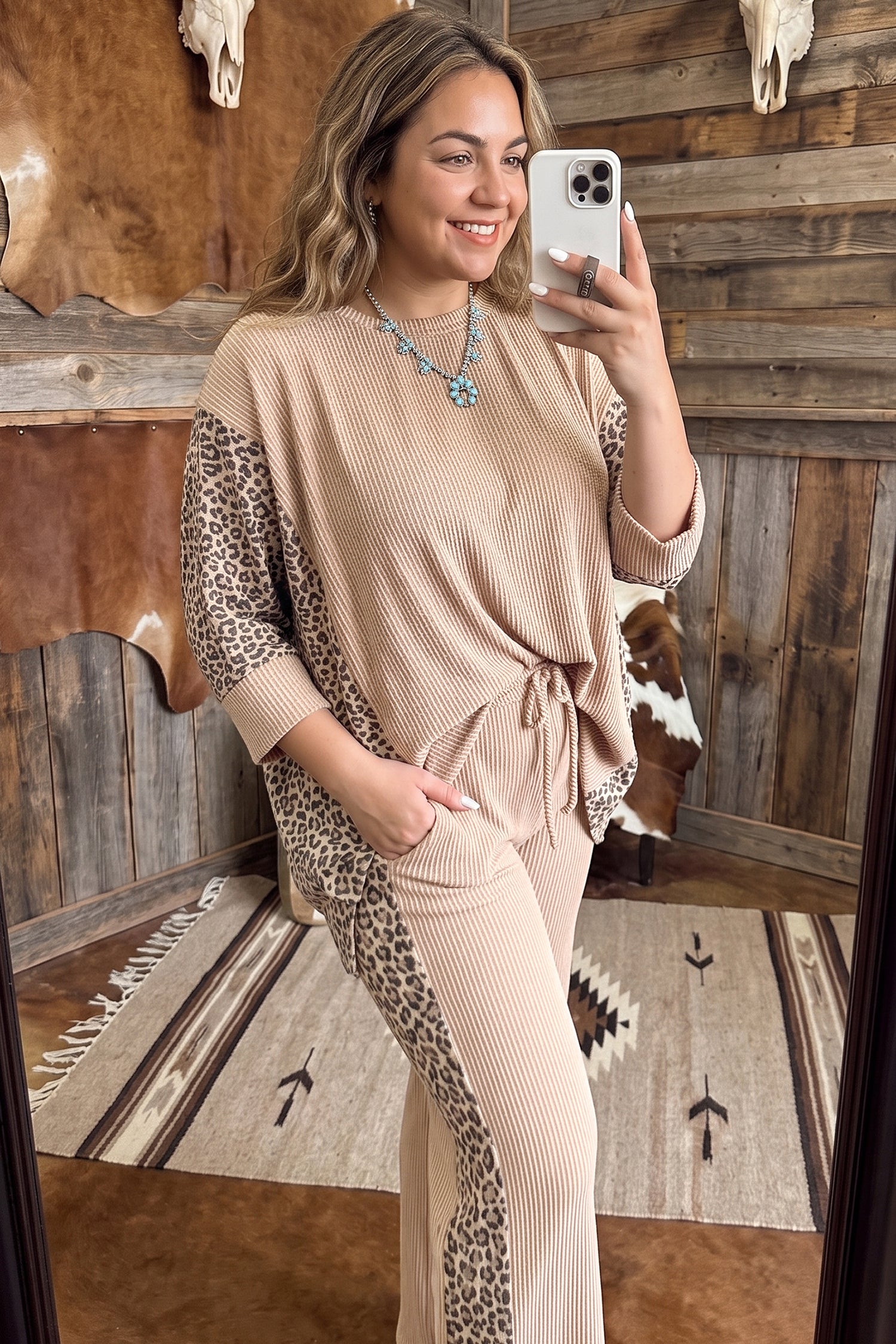 Light French Beige Leopard Print Ribbed Twist Long Sleeve Top Pants Plus Size Set