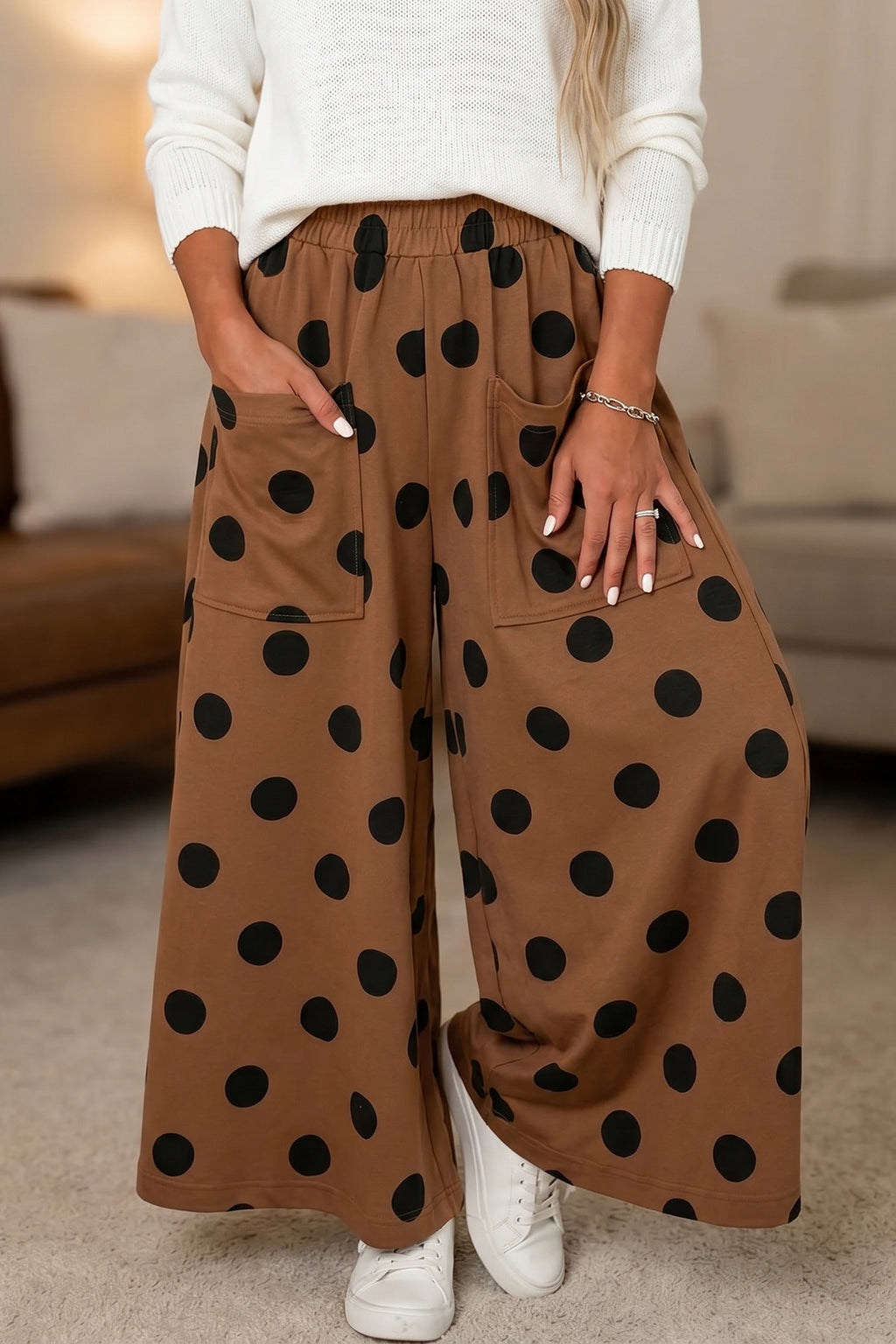 Sky Blue Polka Dot Wide Leg Elastic Waist Casual Pants Shewin
