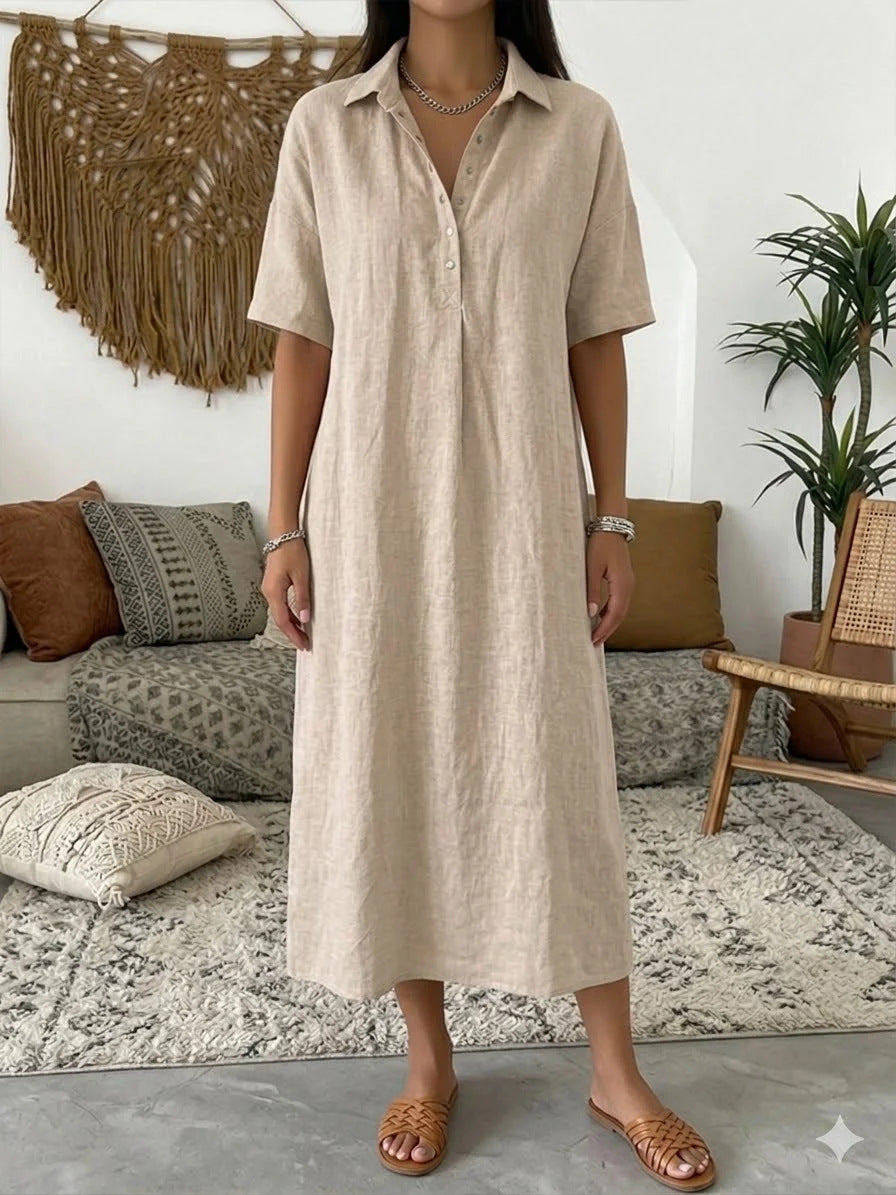 Women's Linen Blend Short Sleeve Polo Neck Maxi Dress FitiqueFit