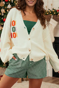 White Ho Ho Ho Slogan V Neck Button Front Embroidered Knit Cardigan