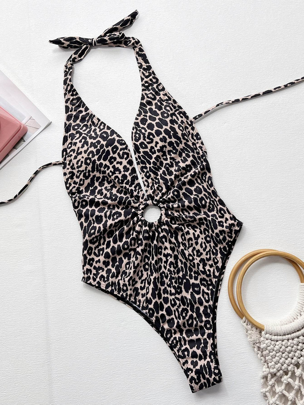 Leopard Halter Neck Ring Detail One-Piece Women Swimsuit