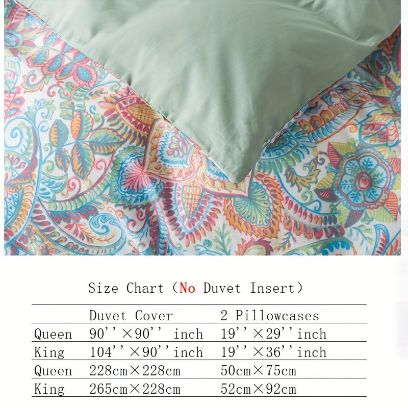 Percale Cotton Duvet Cover Set - 3-Piece Floral Botanical Bedding (Queen/King)
