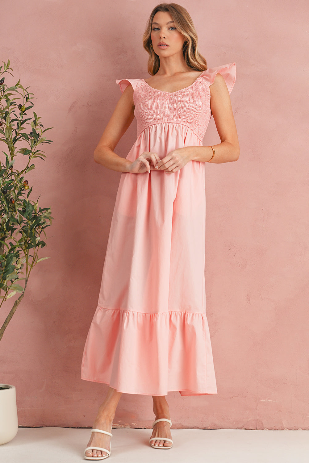 Black V Neck Flutter Sleeve Smocked Bodice High Waist Ruffle Maxi Dress