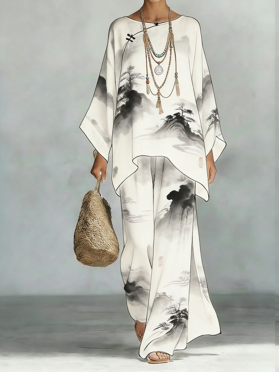 Floral Print Bamboo Linen Two-Piece Set | Wide-Leg Pants FitiqueFit