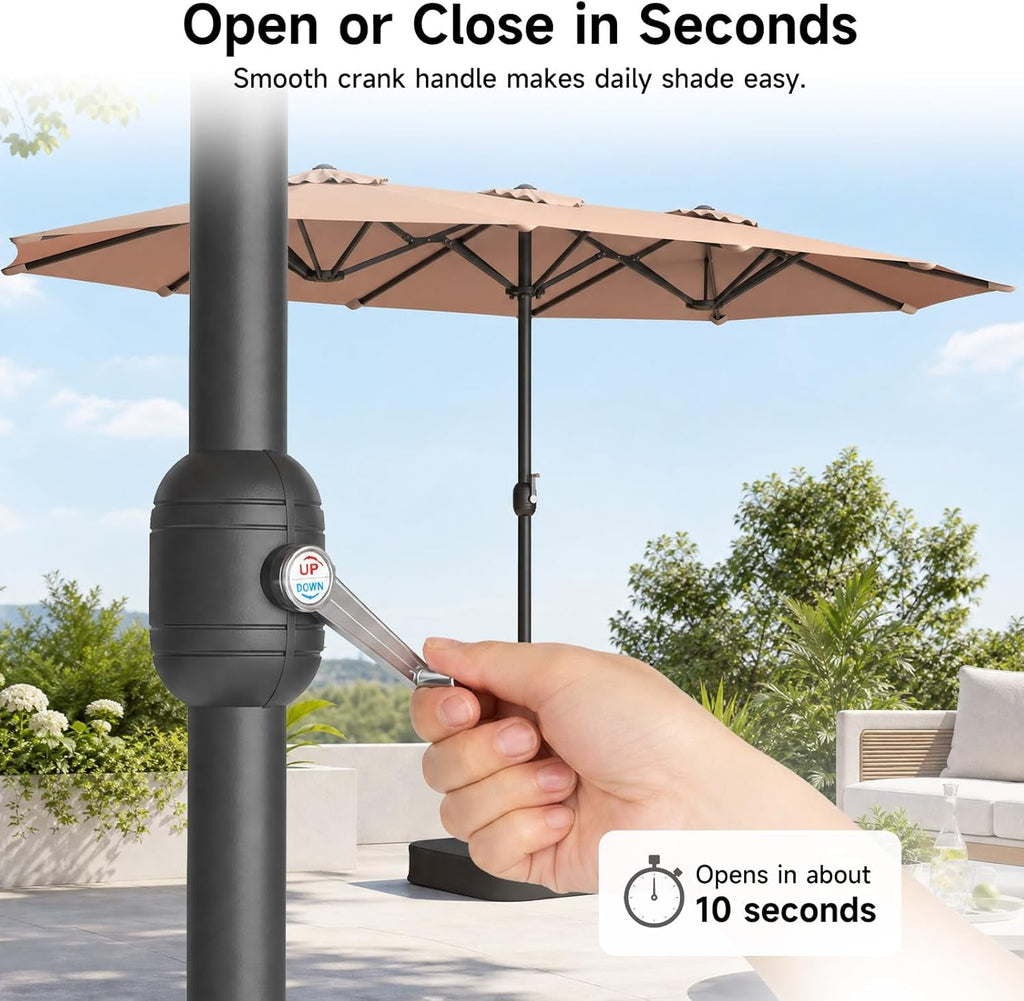 Fifteen Foot Beige Patio Umbrella With Deluxe Crank