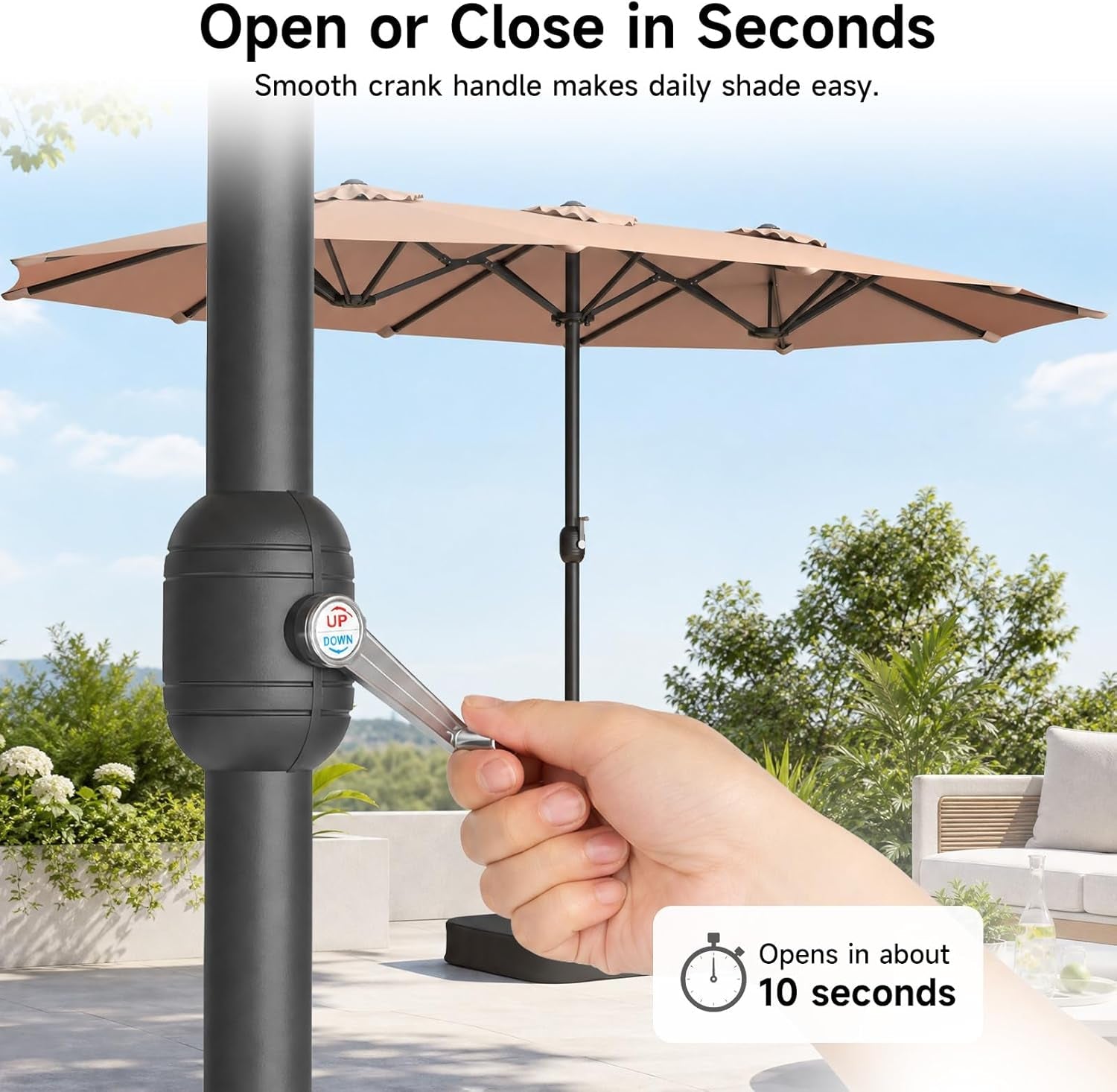 Fifteen Foot Beige Patio Umbrella With Deluxe Crank