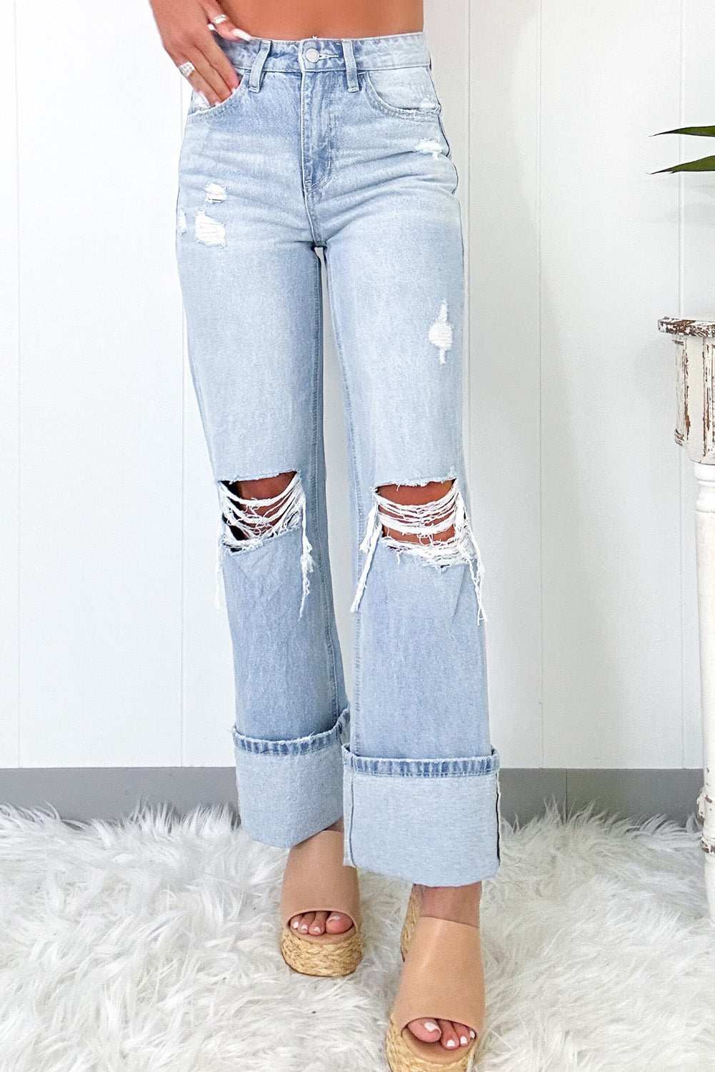 Beau Blue Light Wash Distressed Flare Jeans Shewin