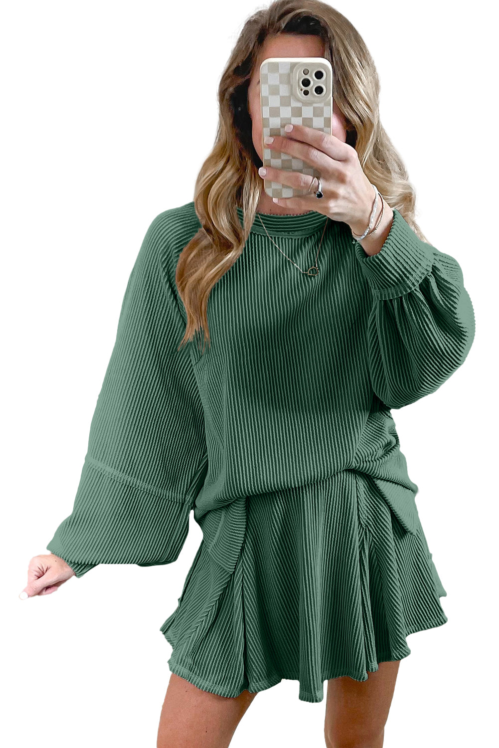 Jet Stream Corded Lantern Sleeve Top High Waist Ruffled Mini Skort Set