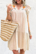 Jet Stream Linen Embroidery Split Neck Pom Pom Ruffle Sleeve Short Dress
