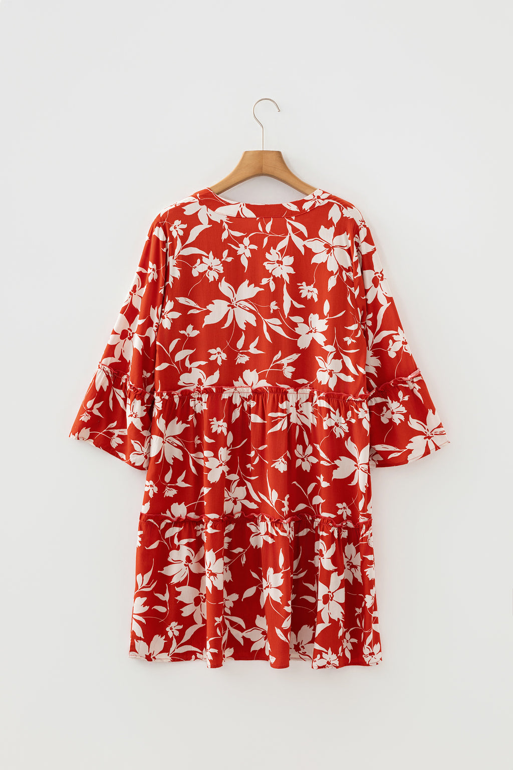 Sky Blue Boho Floral Print Lettuce Trim 3/4 Sleeve Mini Dress