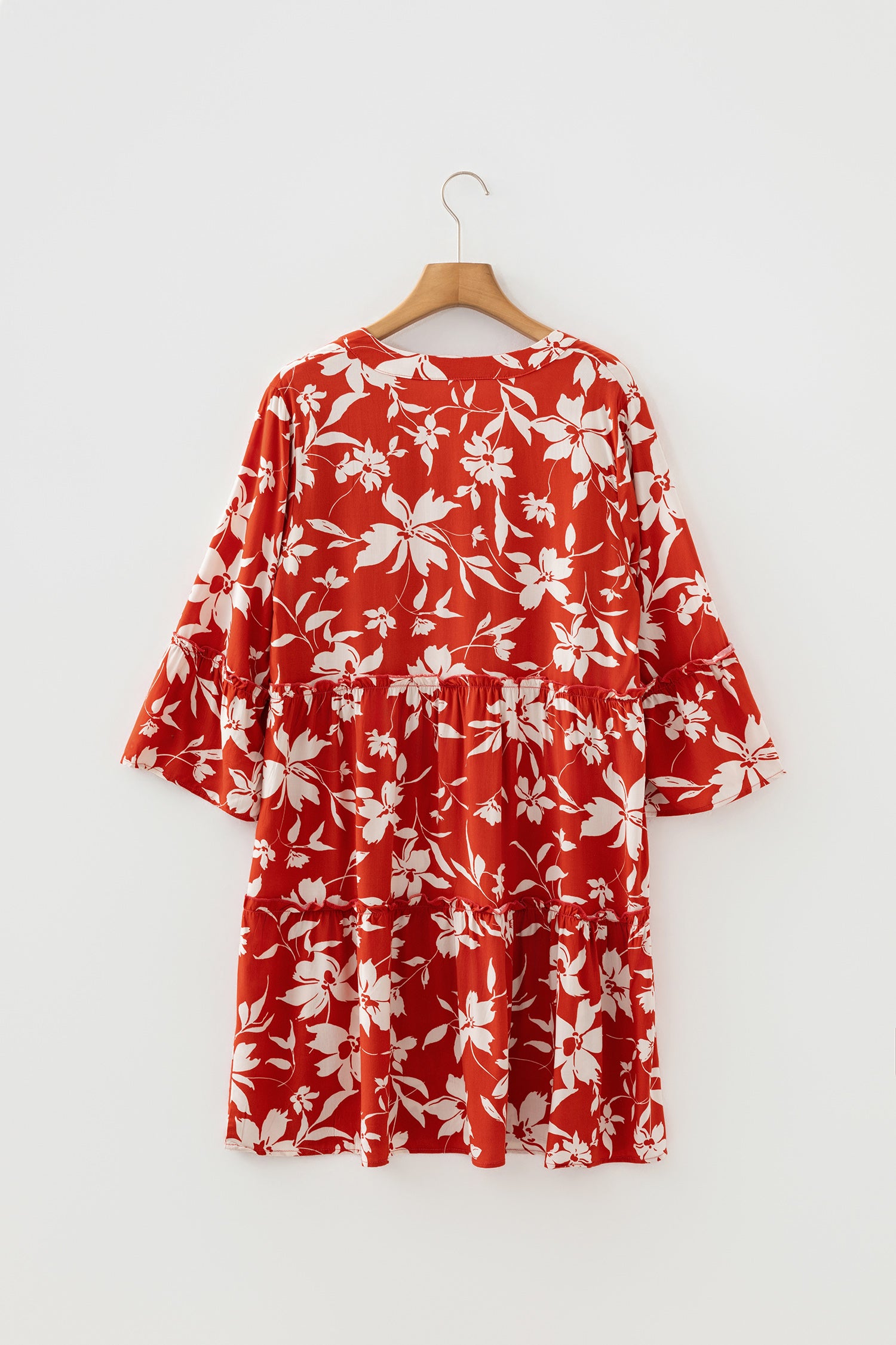 Sky Blue Boho Floral Print Lettuce Trim 3/4 Sleeve Mini Dress