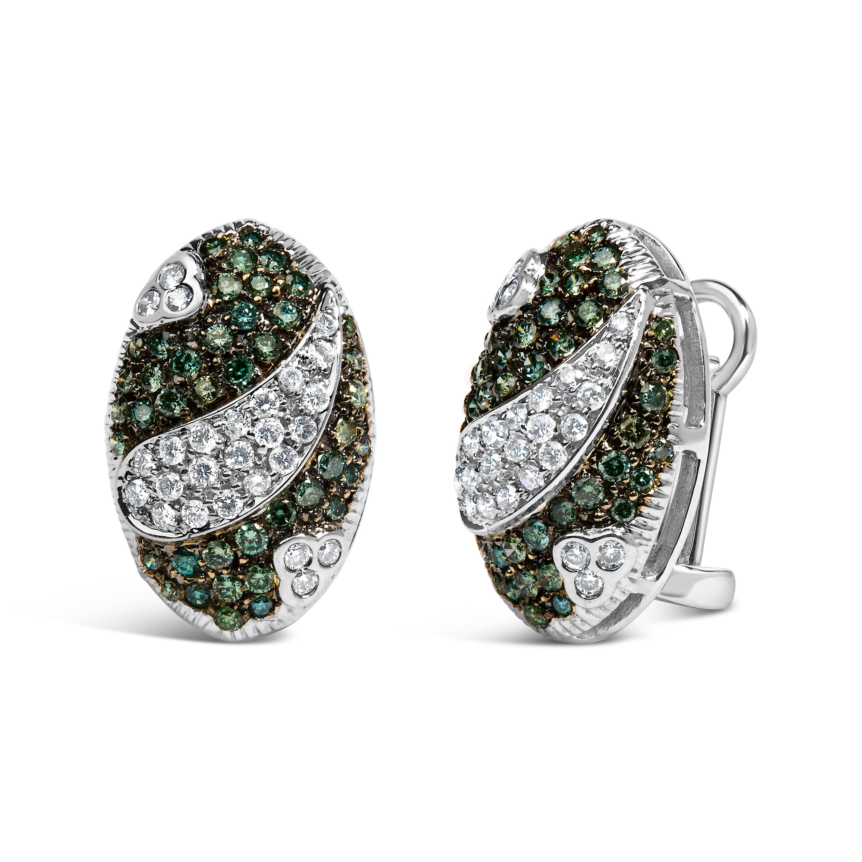 14K White Gold 2.00 Cttw White and Treated Blue Diamond Oval Shield Omega Back Earrings (H-I Color, SI1-SI2 Clarity)