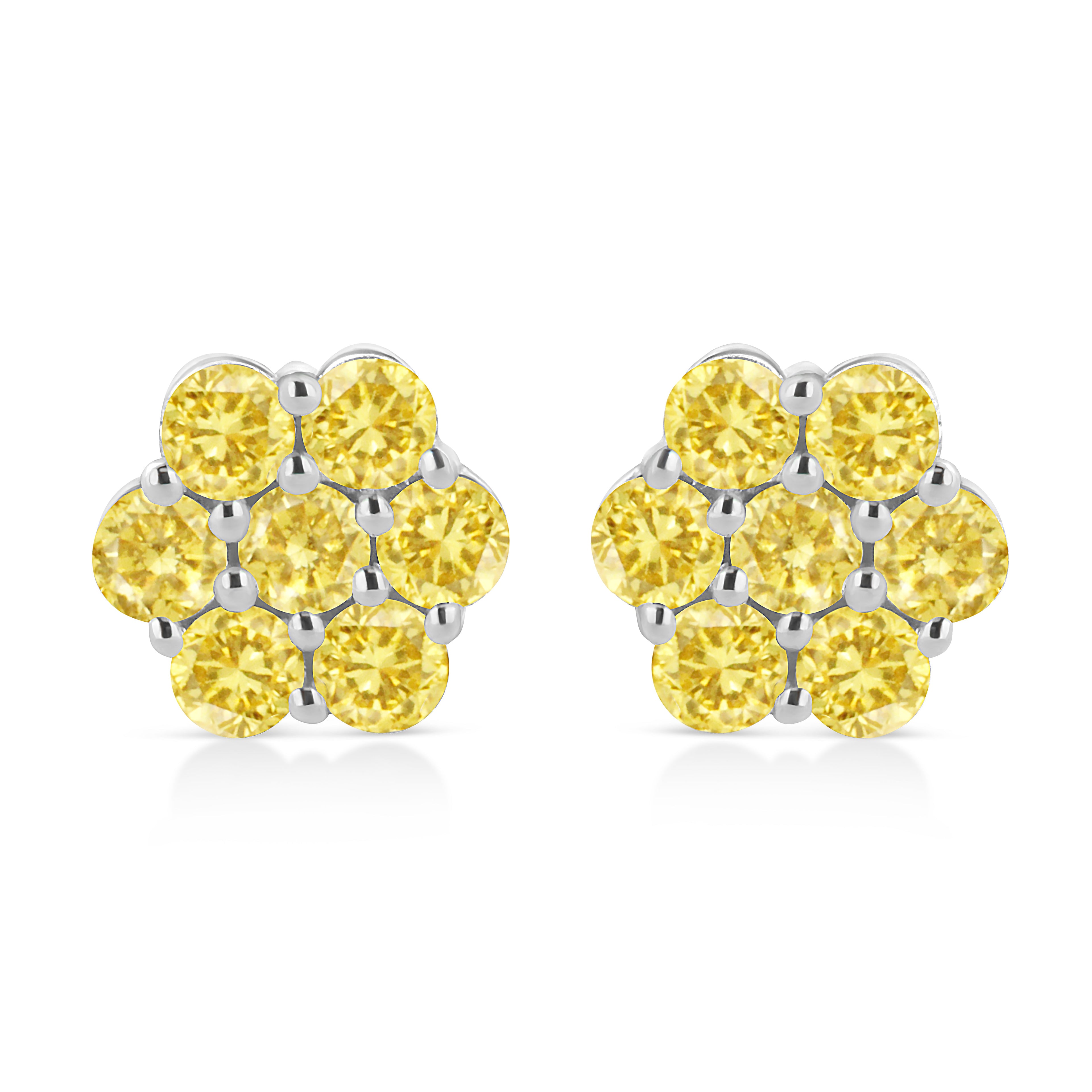 .925 Sterling Silver 1/4 Cttw Treated Yellow Diamond Floral Stud Earrings (Yellow Color, I1-I2 Clarity) Bids.com