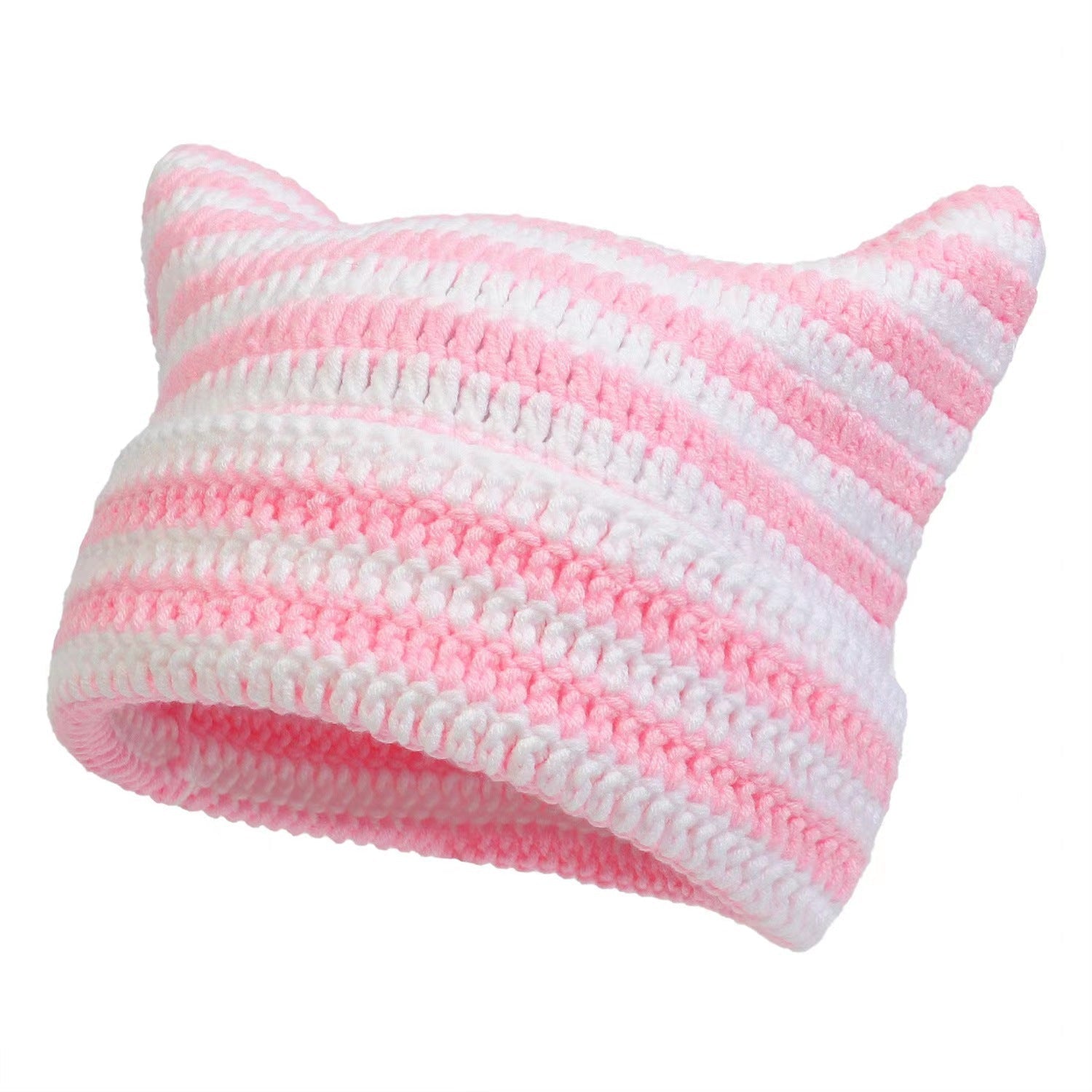 Women’s Hand Knitted Striped Cat Hat – Cute Warm Winter Beanie FitiqueFit